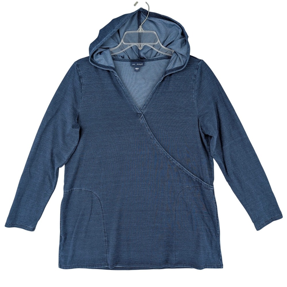 J. Jill Indigo Pure Jill Blue Hooded Faux Wrap V-Neck Pullover Top Small Pockets